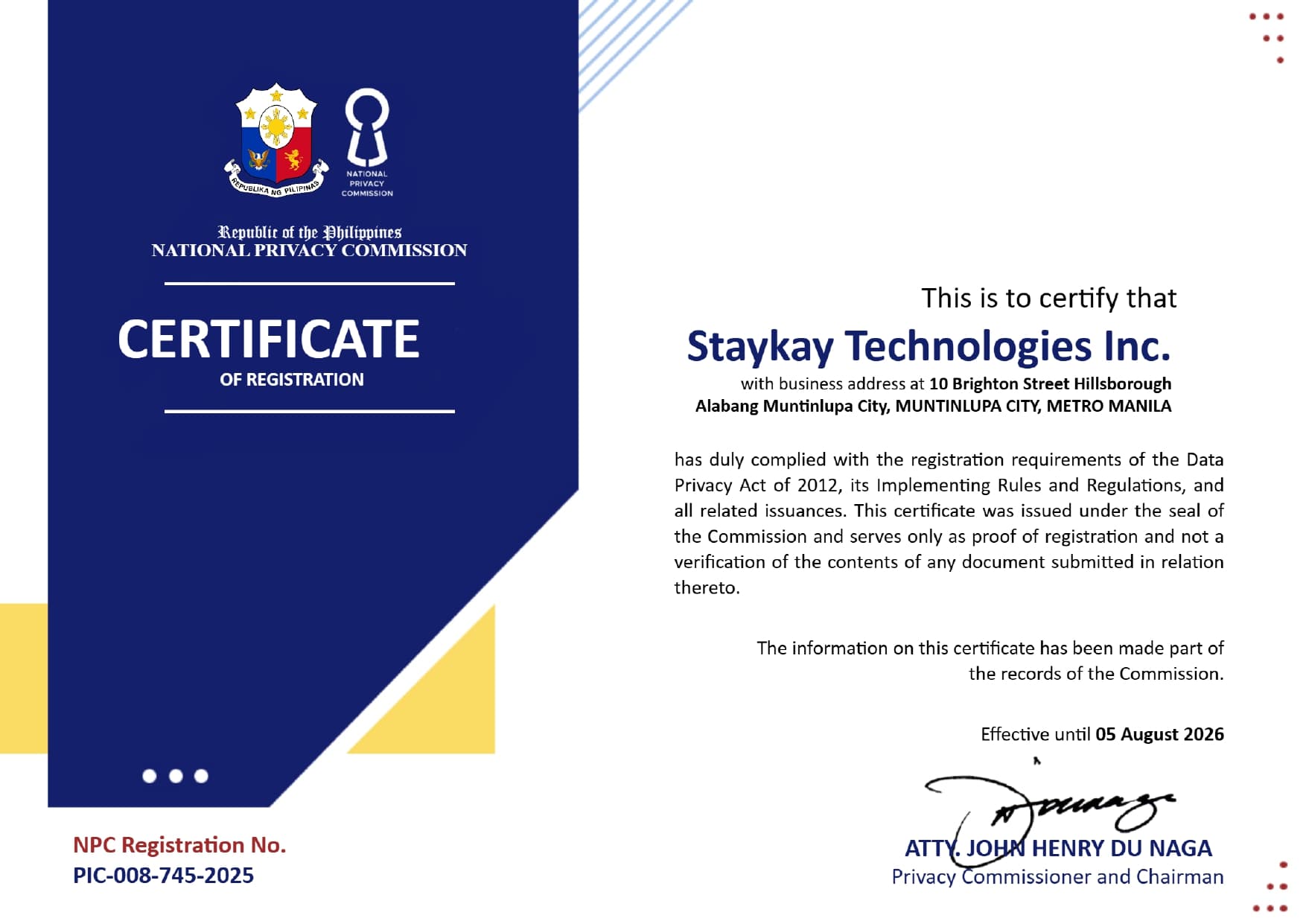 National Privacy Commission DPO Certificate for Staykay Technologies Inc.